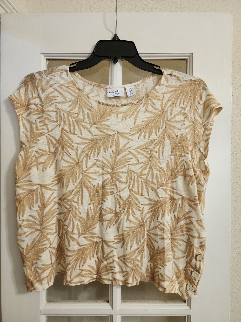 Nicole Miller New York 100% Linen Palm Leaf Print Top XL Tropical Coastal